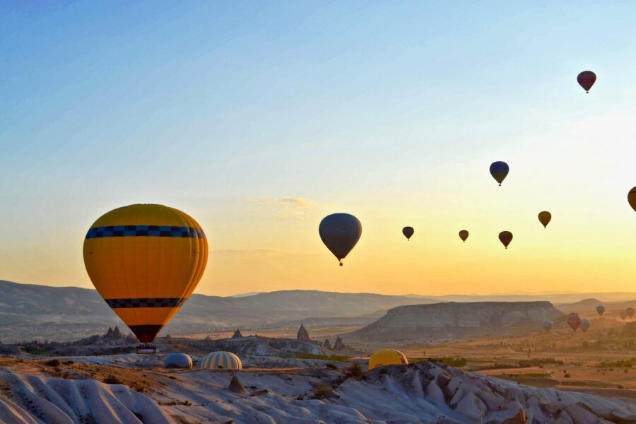 Hot air balloons flying over Cappadocia, Turkey.