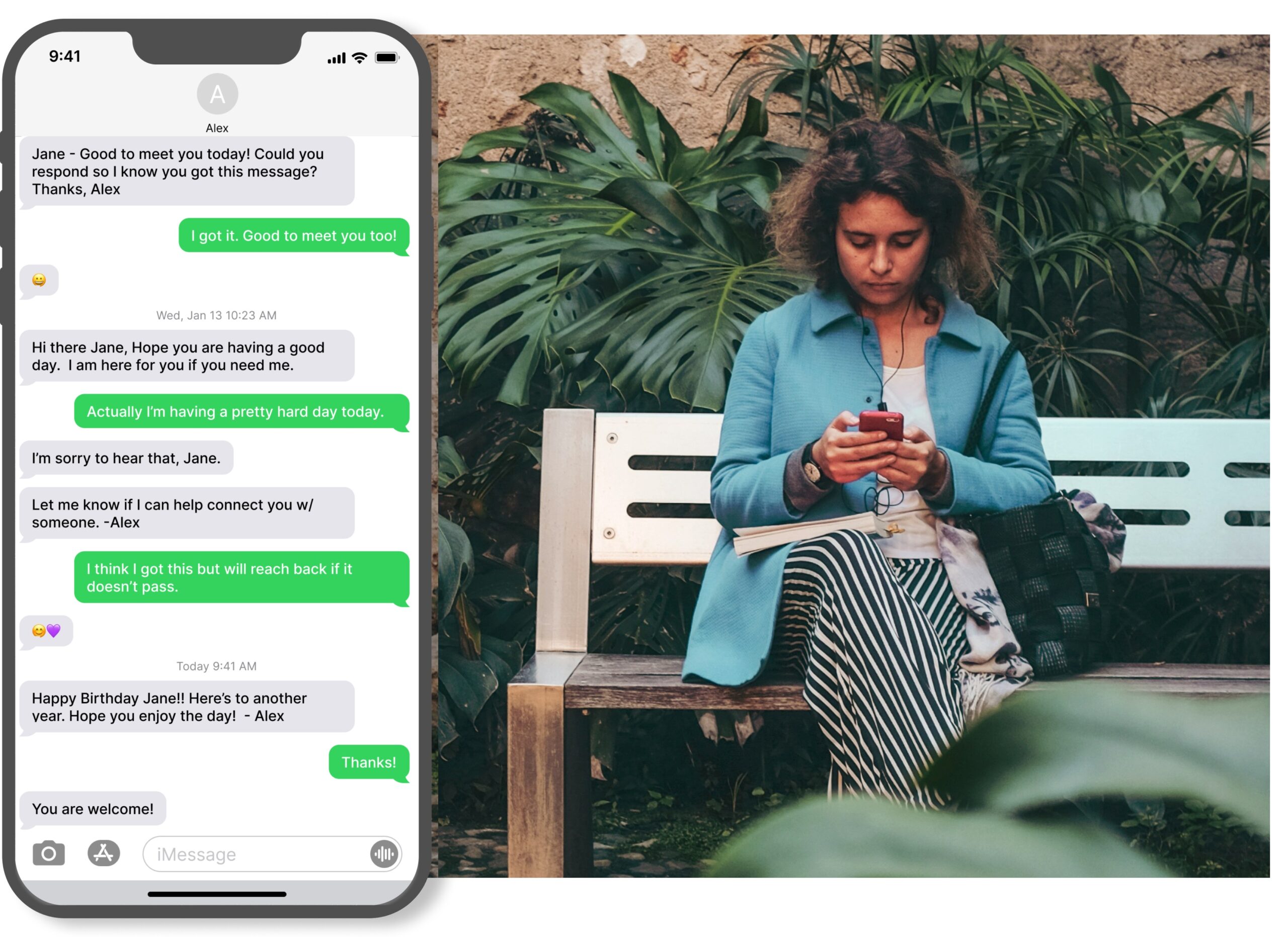 Woman sitting on a bench reading a caring contacts text.